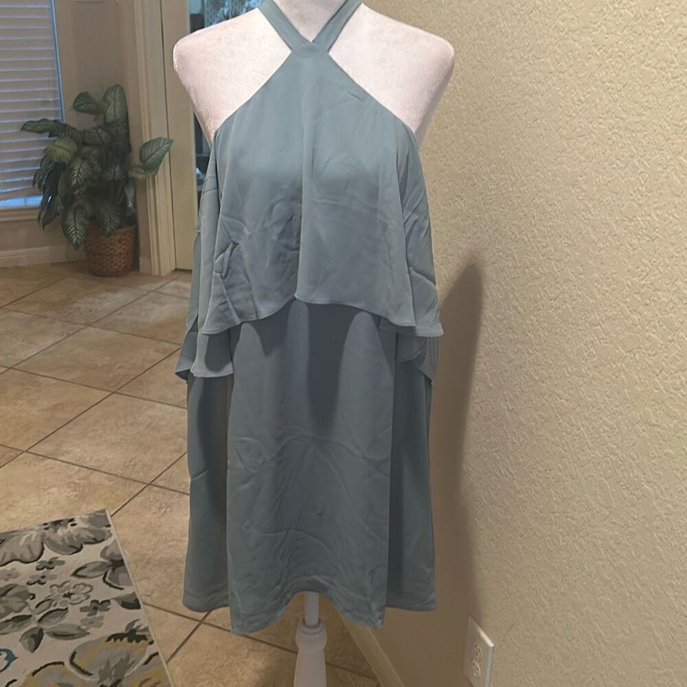 Krisa Women's M Halter Neck Tiered Mini Dress Light Blue Flowy Wedding Guest New